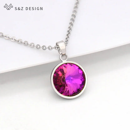 S&Z DESIGN New Fashion Round Crystal Pendant Necklace For Women Wedding Jewelry Lover Gift 585 Rose Gold Color