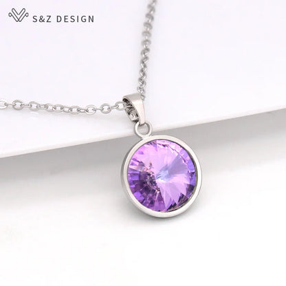 S&Z DESIGN New Fashion Round Crystal Pendant Necklace For Women Wedding Jewelry Lover Gift 585 Rose Gold Color