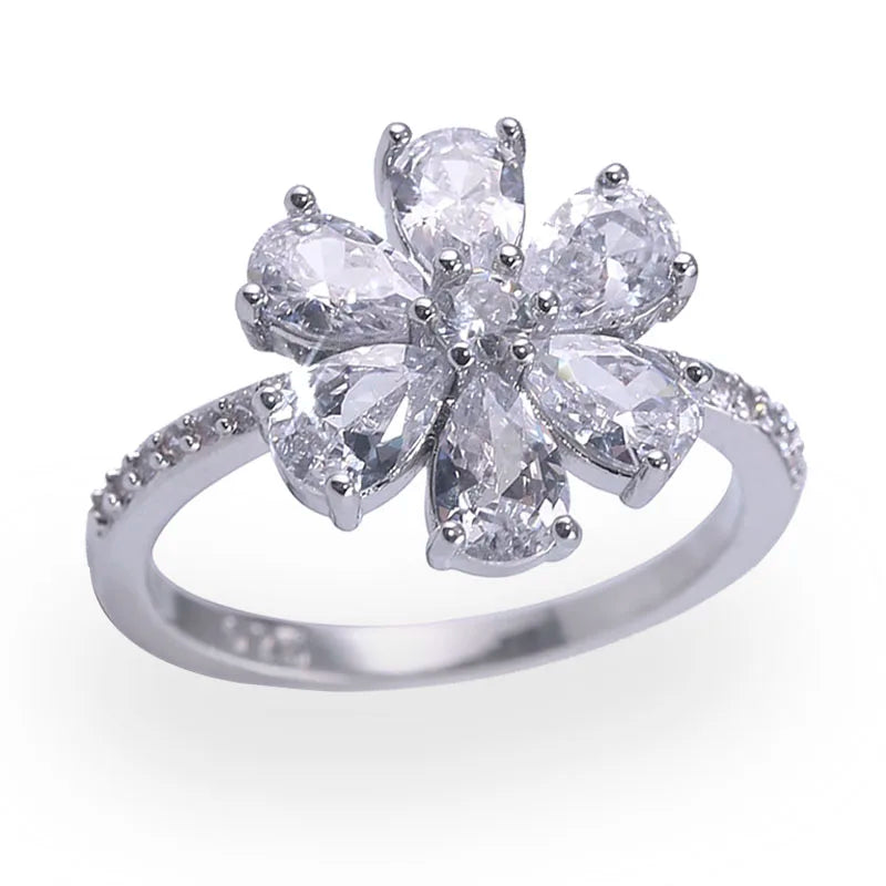 Fashion White Crystal Wedding Rings for Women Silver Color Flower Floral Shaped Engagement Bridal Luxury Party Jewelry