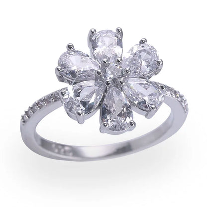 Fashion White Crystal Wedding Rings for Women Silver Color Flower Floral Shaped Engagement Bridal Luxury Party Jewelry