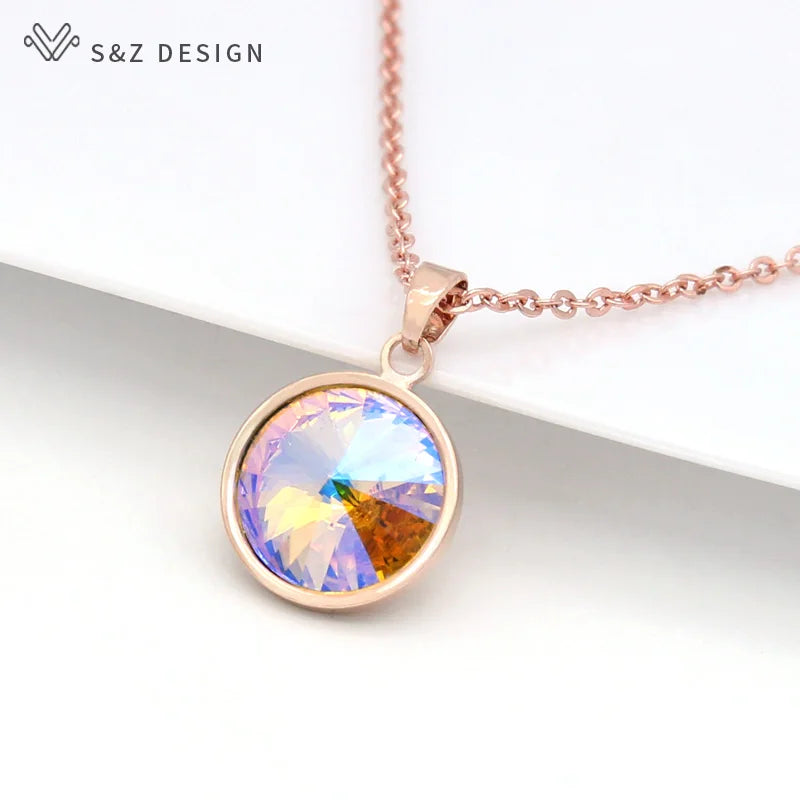 S&Z DESIGN New Fashion Round Crystal Pendant Necklace For Women Wedding Jewelry Lover Gift 585 Rose Gold Color