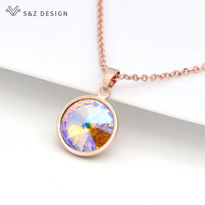 S&Z DESIGN New Fashion Round Crystal Pendant Necklace For Women Wedding Jewelry Lover Gift 585 Rose Gold Color