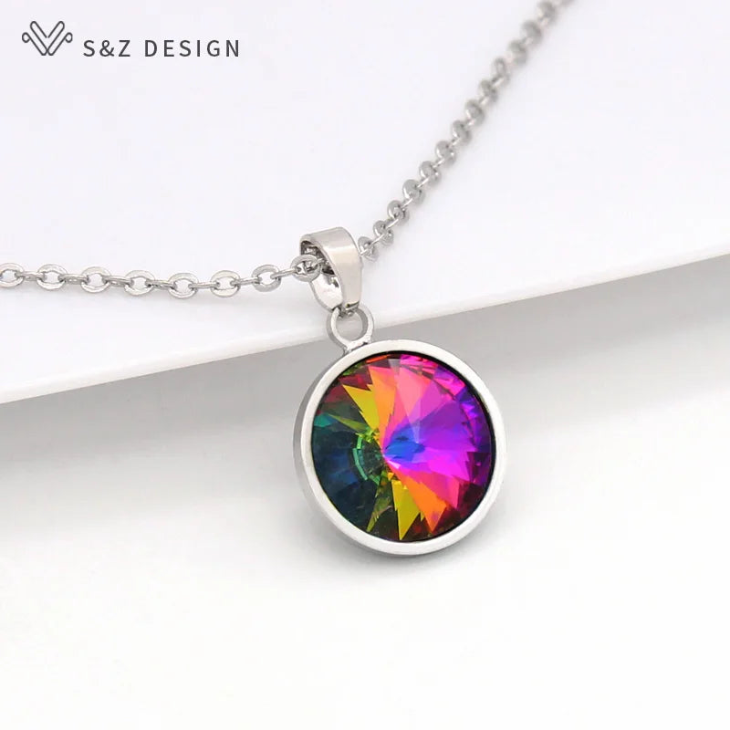 S&Z DESIGN New Fashion Round Crystal Pendant Necklace For Women Wedding Jewelry Lover Gift 585 Rose Gold Color