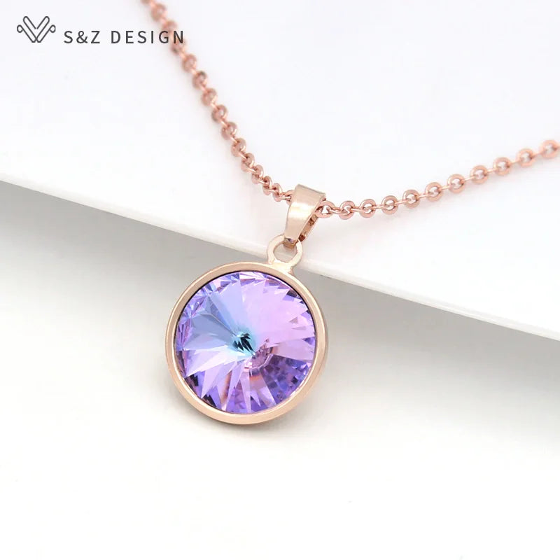 S&Z DESIGN New Fashion Round Crystal Pendant Necklace For Women Wedding Jewelry Lover Gift 585 Rose Gold Color