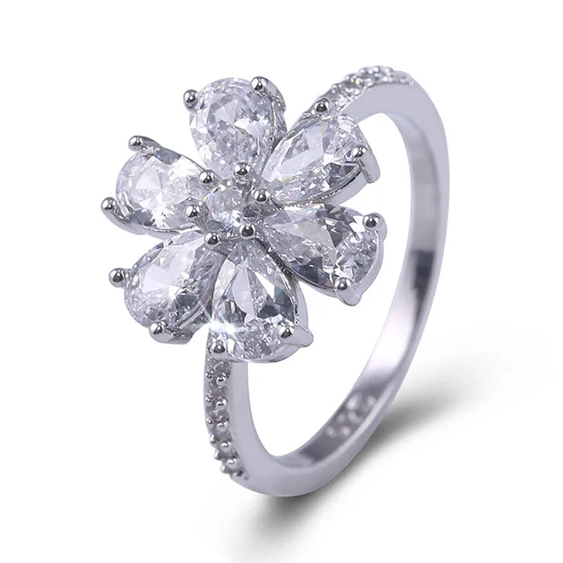 Fashion White Crystal Wedding Rings for Women Silver Color Flower Floral Shaped Engagement Bridal Luxury Party Jewelry