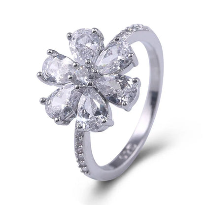 Fashion White Crystal Wedding Rings for Women Silver Color Flower Floral Shaped Engagement Bridal Luxury Party Jewelry