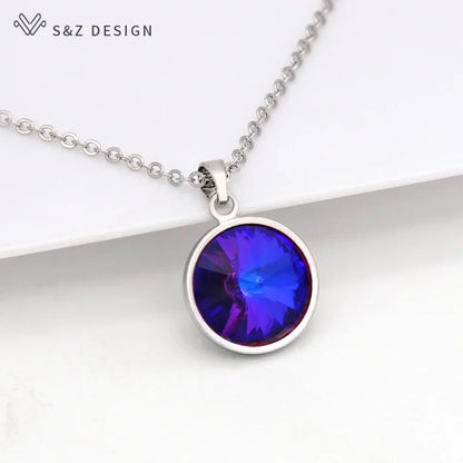 S&Z DESIGN New Fashion Round Crystal Pendant Necklace For Women Wedding Jewelry Lover Gift 585 Rose Gold Color