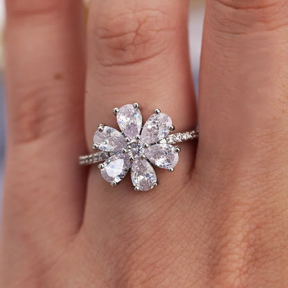 Fashion White Crystal Wedding Rings for Women Silver Color Flower Floral Shaped Engagement Bridal Luxury Party Jewelry