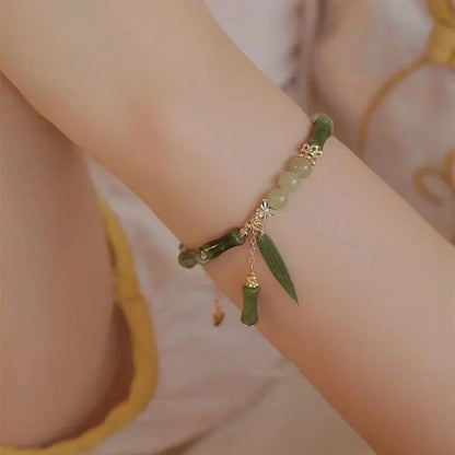 Chinese Style Retro Green Bamboo Joint Beaded Bracelet for Women's Fashion Simple Charm Alloy Leaf Bracelet Jewelry Gift