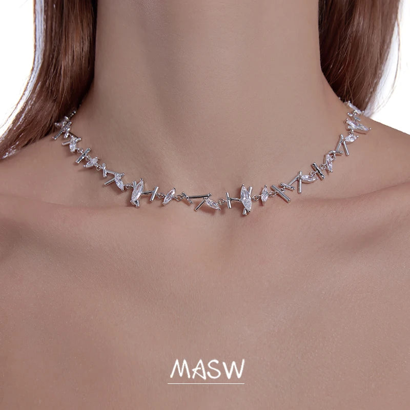 MASW Original Design Delicate Style One Layer Metallic Silver Plated Zircon Necklace For Women Girl Gift Fashion Jewelry