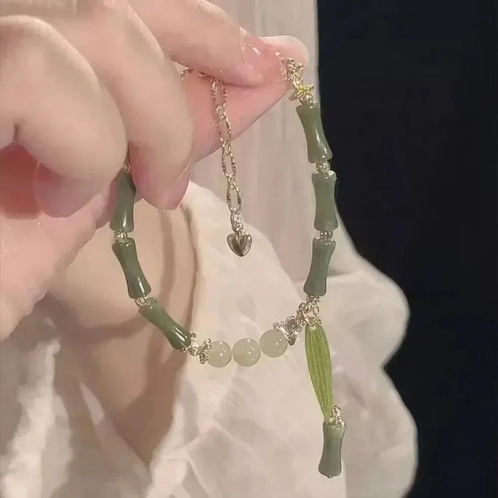 Chinese Style Retro Green Bamboo Joint Beaded Bracelet for Women's Fashion Simple Charm Alloy Leaf Bracelet Jewelry Gift