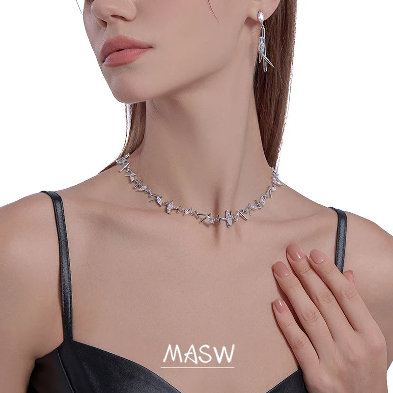 MASW Original Design Delicate Style One Layer Metallic Silver Plated Zircon Necklace For Women Girl Gift Fashion Jewelry