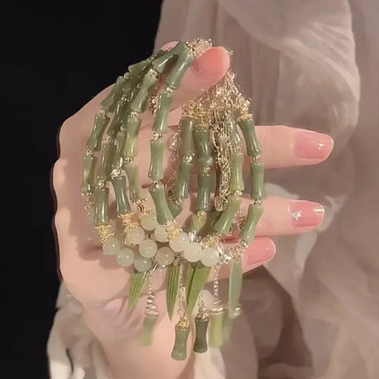 Chinese Style Retro Green Bamboo Joint Beaded Bracelet for Women's Fashion Simple Charm Alloy Leaf Bracelet Jewelry Gift