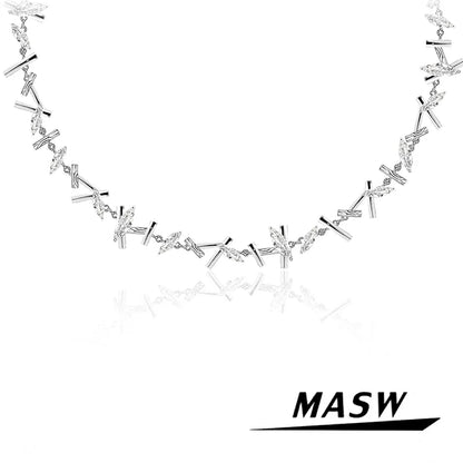 MASW Original Design Delicate Style One Layer Metallic Silver Plated Zircon Necklace For Women Girl Gift Fashion Jewelry