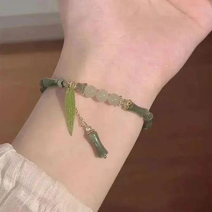 Chinese Style Retro Green Bamboo Joint Beaded Bracelet for Women's Fashion Simple Charm Alloy Leaf Bracelet Jewelry Gift