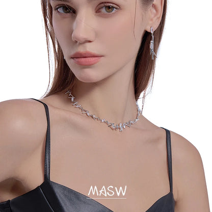 MASW Original Design Delicate Style One Layer Metallic Silver Plated Zircon Necklace For Women Girl Gift Fashion Jewelry